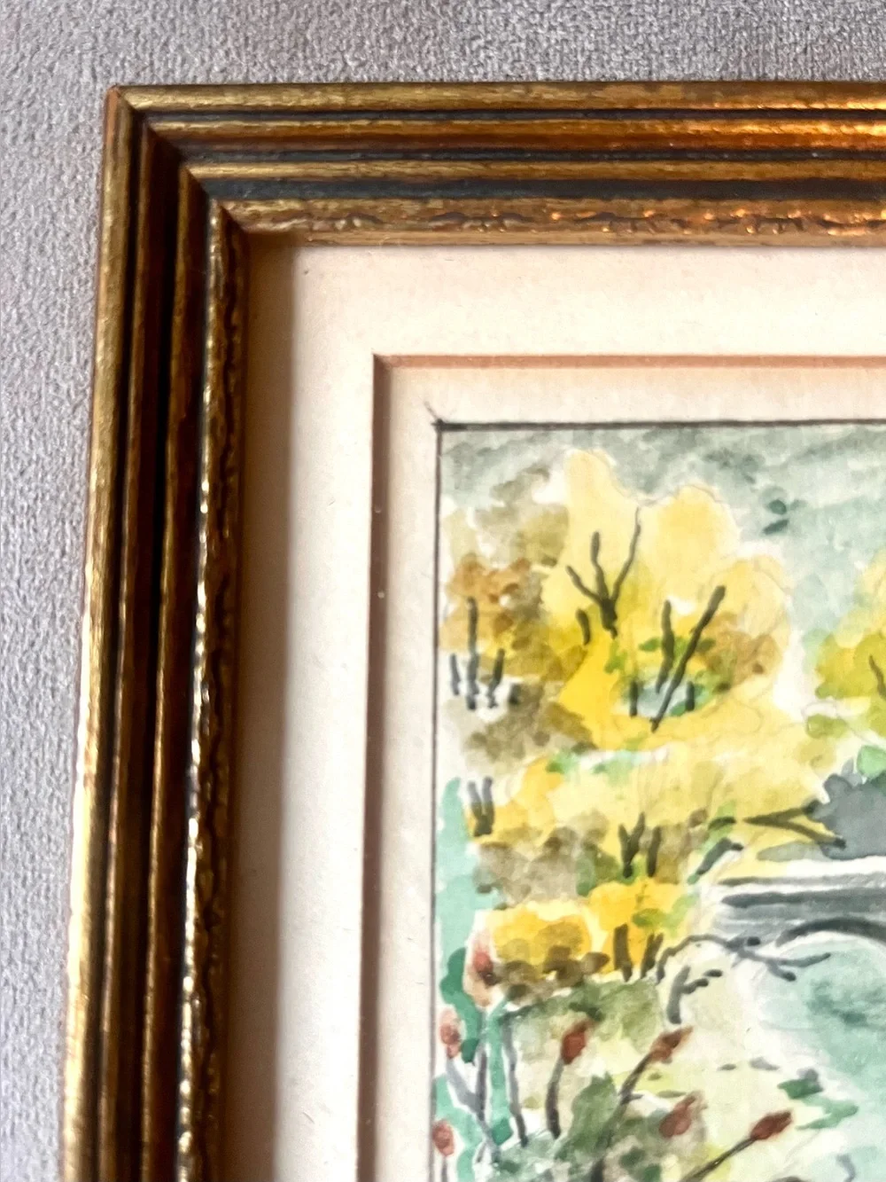 HVintage Original Watercolor Landscape | Stone Bridge | Signed E.C. | MCM